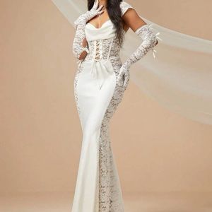 White dress floor length size 10-12 lace is see through on sides very sexy